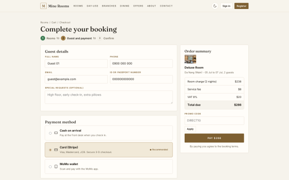 Mine Rooms: Booking checkout
