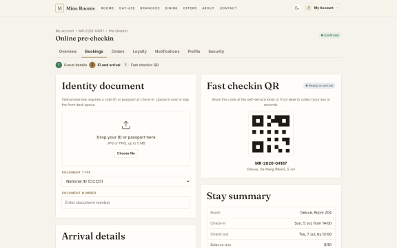 Mine Rooms: Online pre checkin